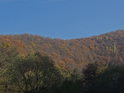Podzimními barvami zalité stromy porostlé hřebeny Moravského krasu.